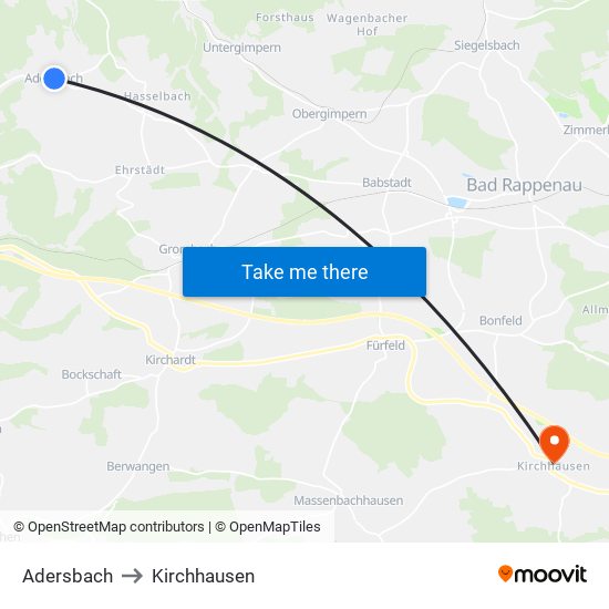 Adersbach to Kirchhausen map