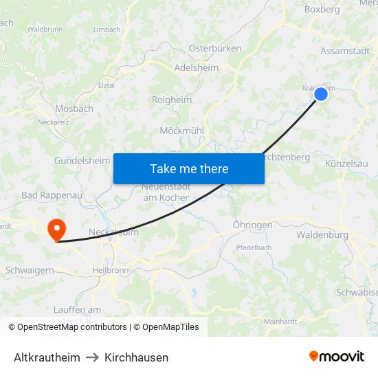 Altkrautheim to Kirchhausen map