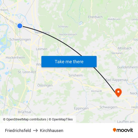 Friedrichsfeld to Kirchhausen map