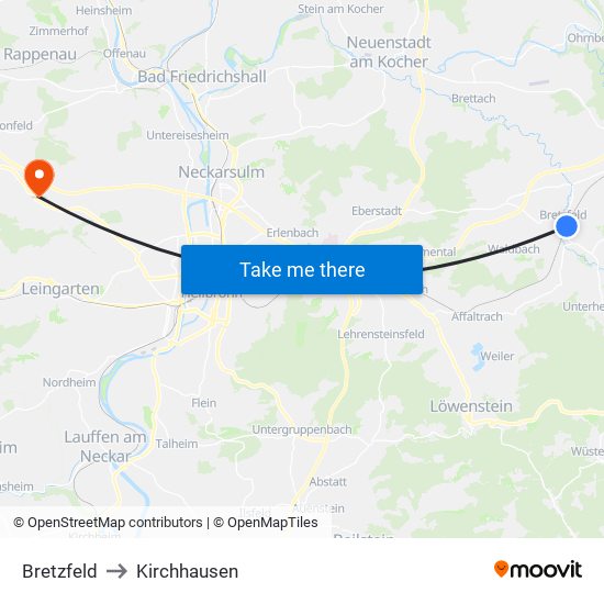 Bretzfeld to Kirchhausen map