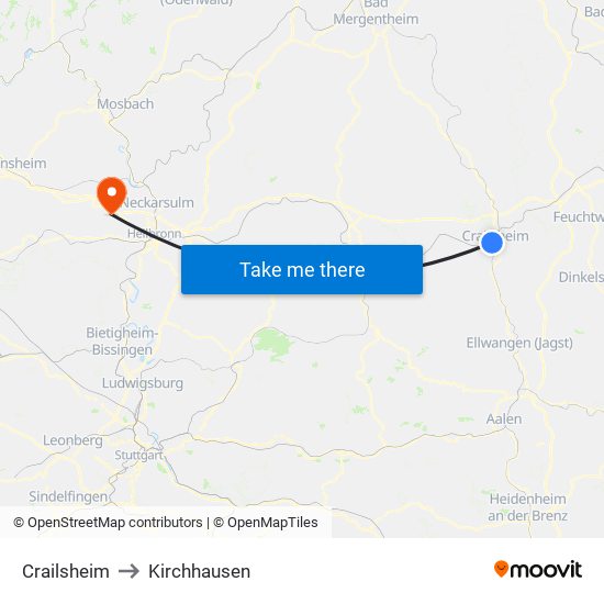 Crailsheim to Kirchhausen map