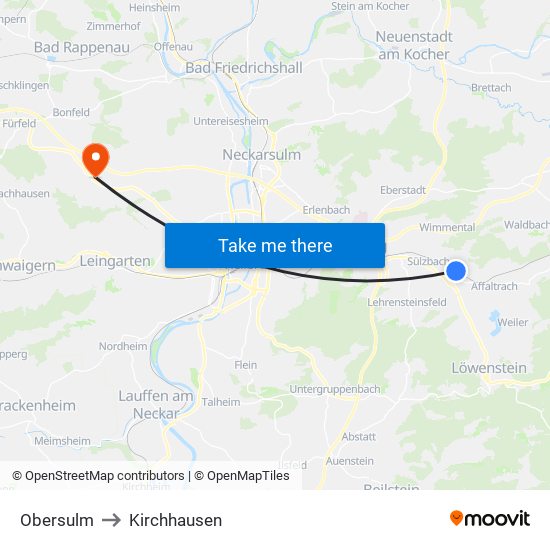 Obersulm to Kirchhausen map