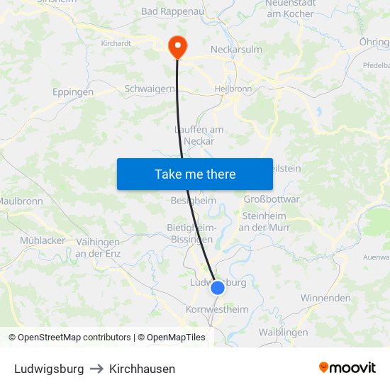 Ludwigsburg to Kirchhausen map