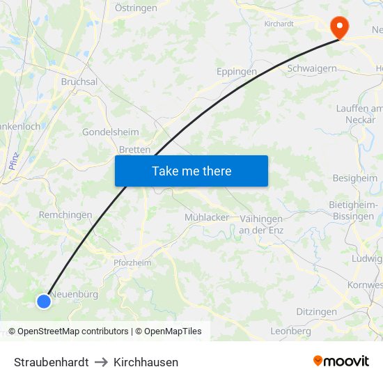 Straubenhardt to Kirchhausen map