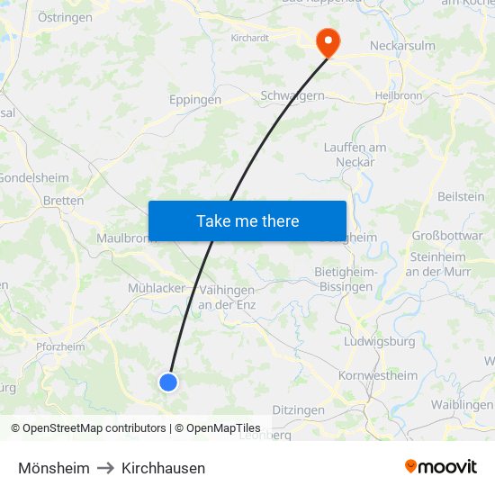 Mönsheim to Kirchhausen map