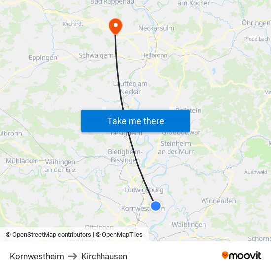 Kornwestheim to Kirchhausen map