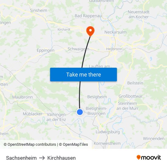 Sachsenheim to Kirchhausen map