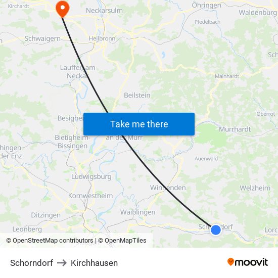 Schorndorf to Kirchhausen map