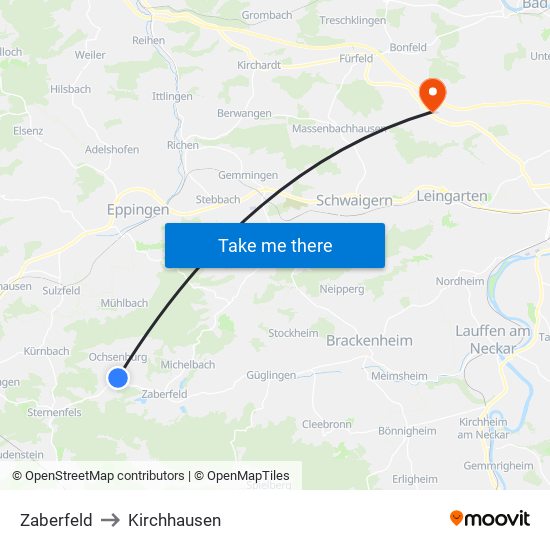 Zaberfeld to Kirchhausen map