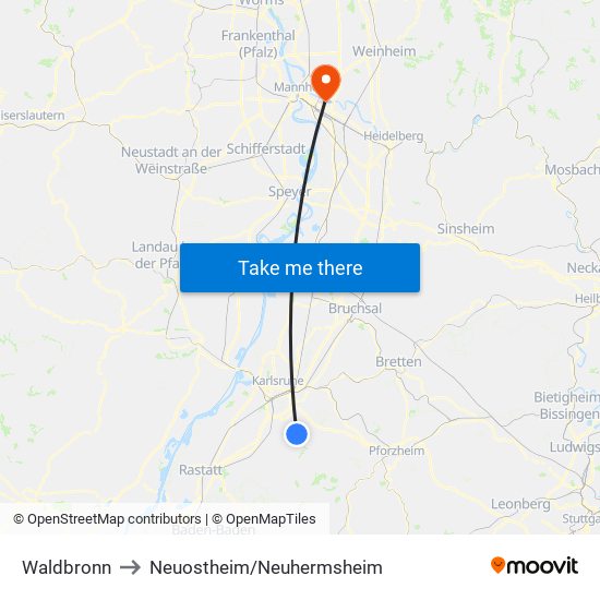 Waldbronn to Neuostheim/Neuhermsheim map