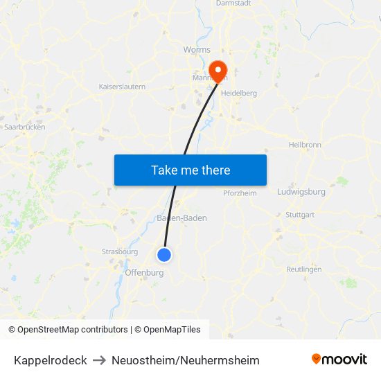 Kappelrodeck to Neuostheim/Neuhermsheim map