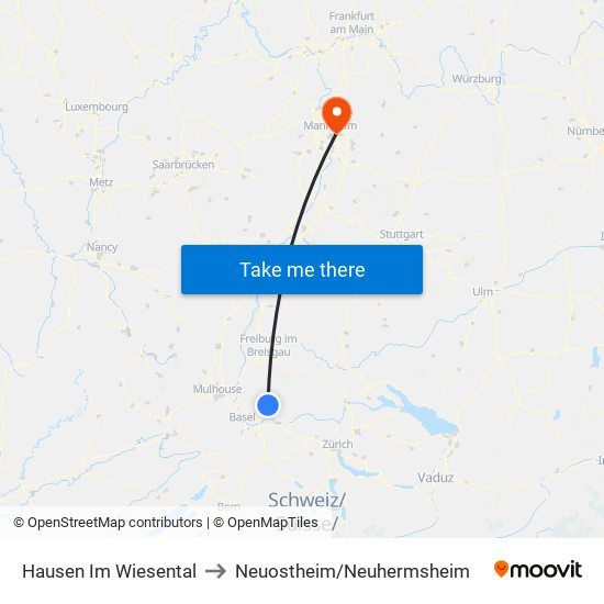 Hausen Im Wiesental to Neuostheim/Neuhermsheim map