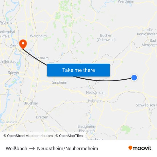 Weißbach to Neuostheim/Neuhermsheim map