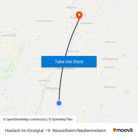 Haslach Im Kinzigtal to Neuostheim/Neuhermsheim map