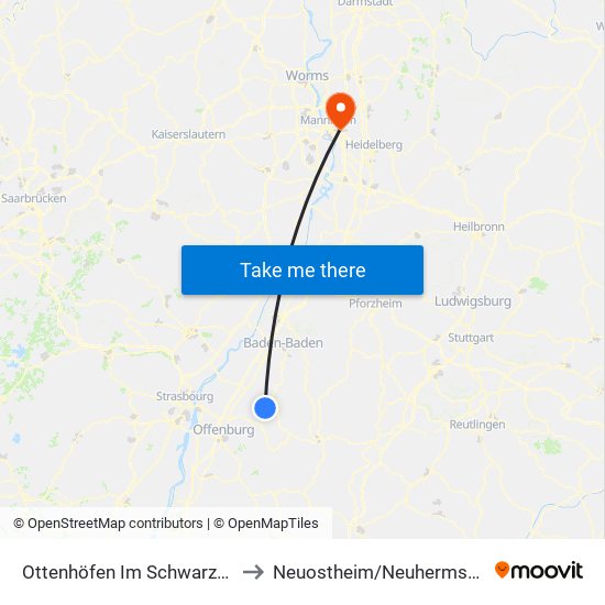 Ottenhöfen Im Schwarzwald to Neuostheim/Neuhermsheim map