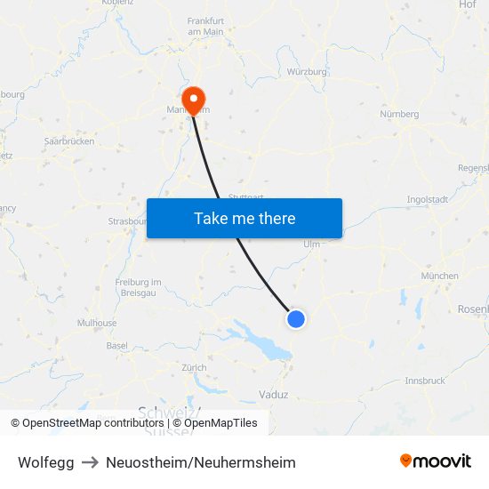 Wolfegg to Neuostheim/Neuhermsheim map