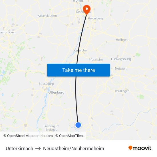 Unterkirnach to Neuostheim/Neuhermsheim map