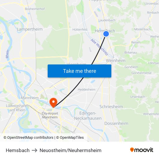 Hemsbach to Neuostheim/Neuhermsheim map