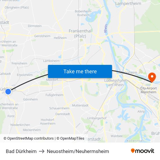 Bad Dürkheim to Neuostheim/Neuhermsheim map