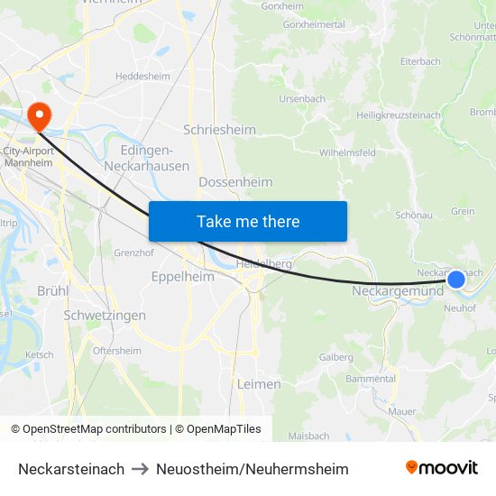 Neckarsteinach to Neuostheim/Neuhermsheim map