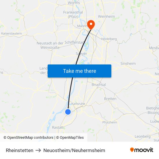 Rheinstetten to Neuostheim/Neuhermsheim map