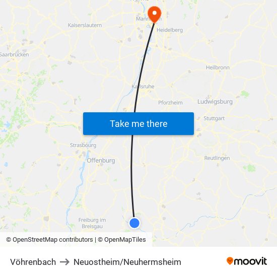 Vöhrenbach to Neuostheim/Neuhermsheim map