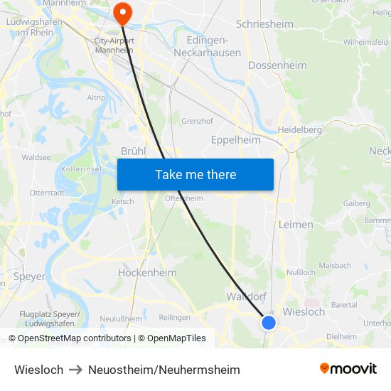 Wiesloch to Neuostheim/Neuhermsheim map