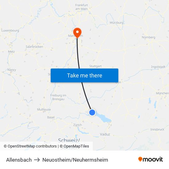 Allensbach to Neuostheim/Neuhermsheim map