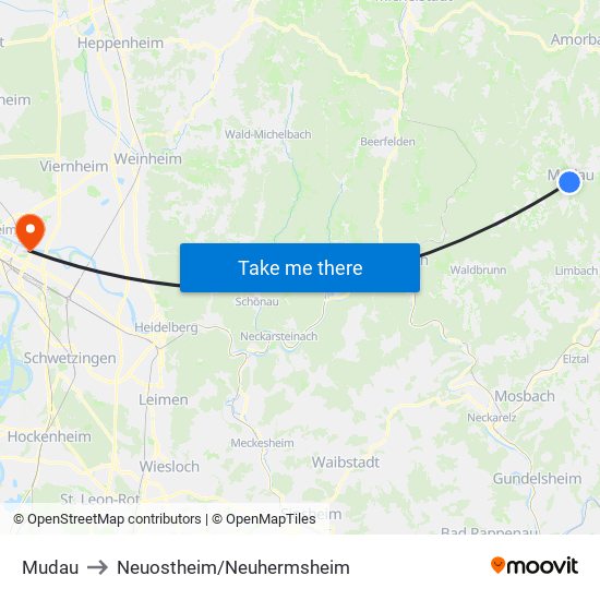 Mudau to Neuostheim/Neuhermsheim map