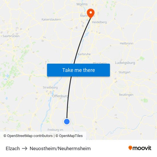 Elzach to Neuostheim/Neuhermsheim map