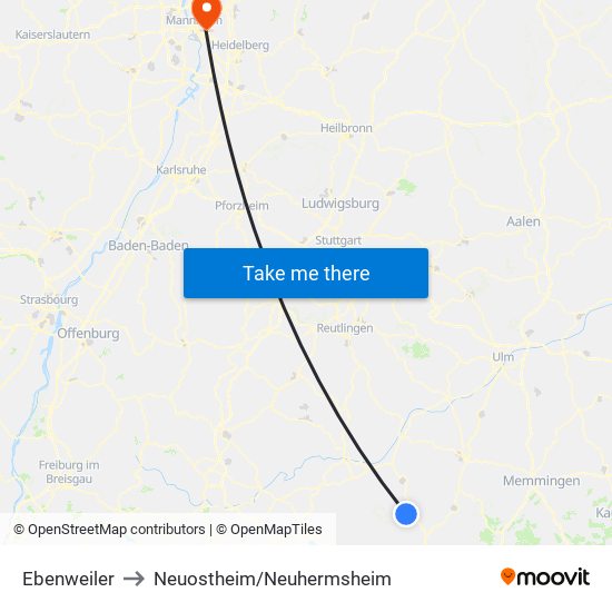 Ebenweiler to Neuostheim/Neuhermsheim map
