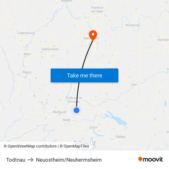 Todtnau to Neuostheim/Neuhermsheim map