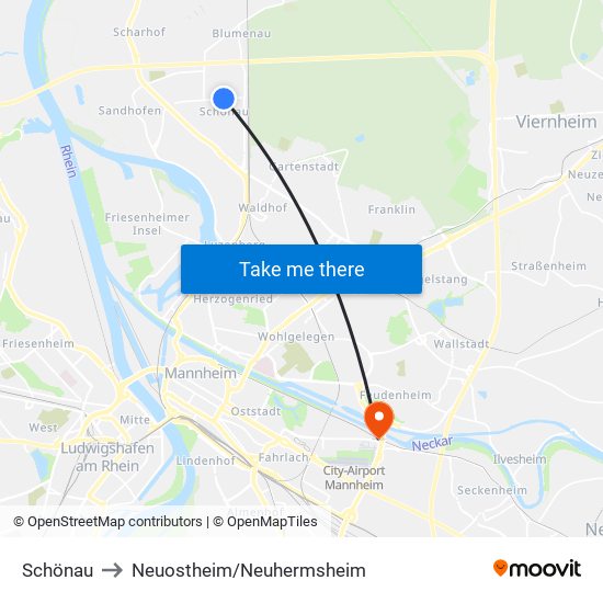 Schönau to Neuostheim/Neuhermsheim map