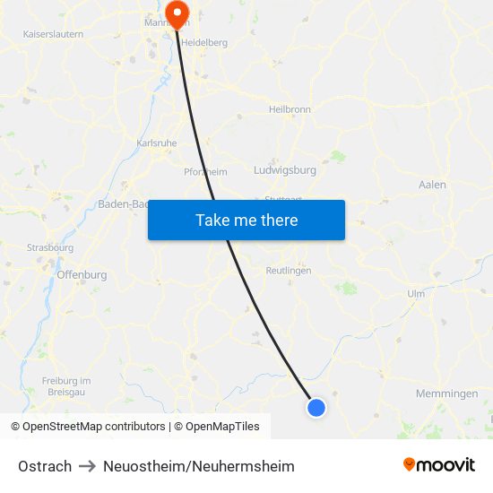 Ostrach to Neuostheim/Neuhermsheim map