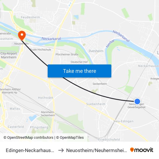 Edingen-Neckarhausen to Neuostheim/Neuhermsheim map