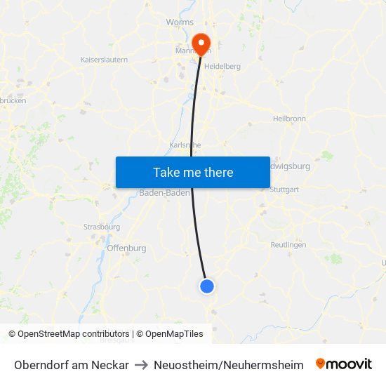 Oberndorf am Neckar to Neuostheim/Neuhermsheim map