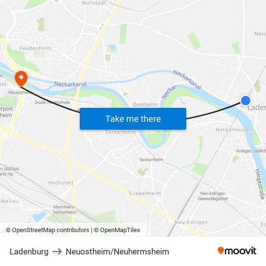 Ladenburg to Neuostheim/Neuhermsheim map