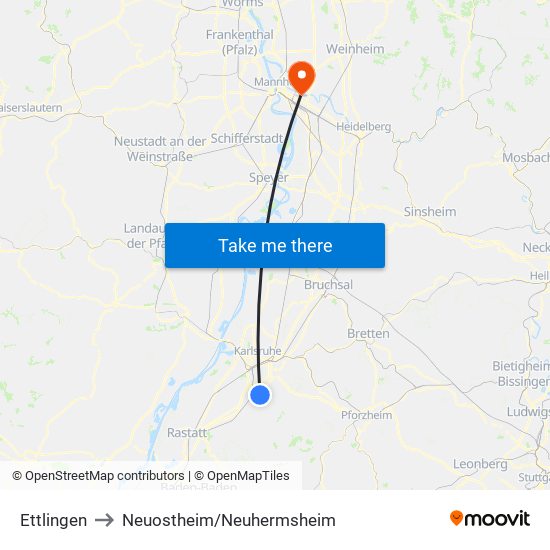 Ettlingen to Neuostheim/Neuhermsheim map