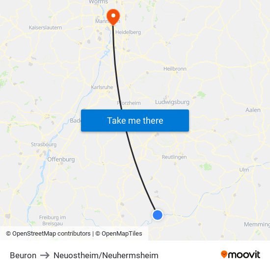 Beuron to Neuostheim/Neuhermsheim map