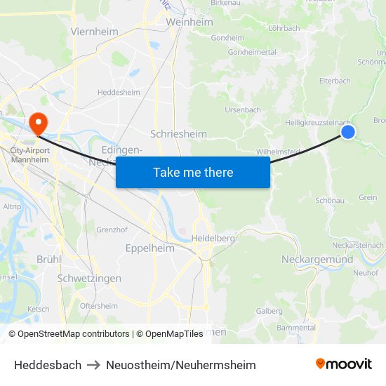 Heddesbach to Neuostheim/Neuhermsheim map