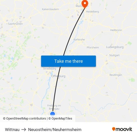 Wittnau to Neuostheim/Neuhermsheim map