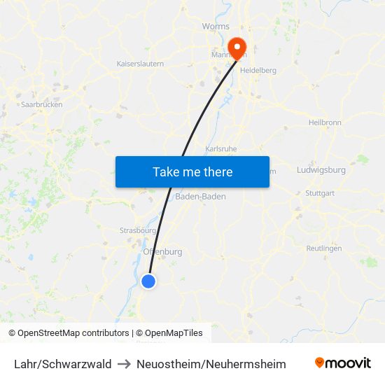 Lahr/Schwarzwald to Neuostheim/Neuhermsheim map