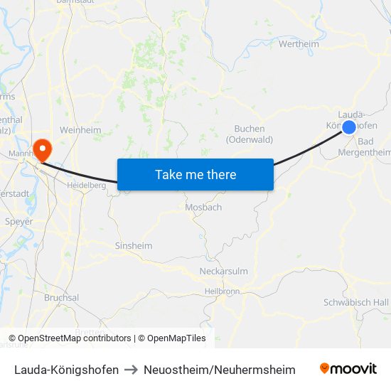 Lauda-Königshofen to Neuostheim/Neuhermsheim map