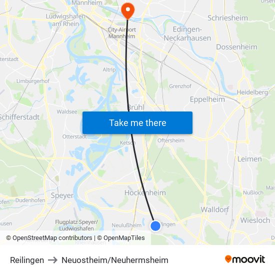 Reilingen to Neuostheim/Neuhermsheim map