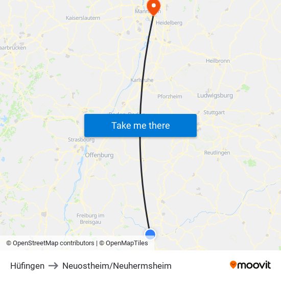 Hüfingen to Neuostheim/Neuhermsheim map