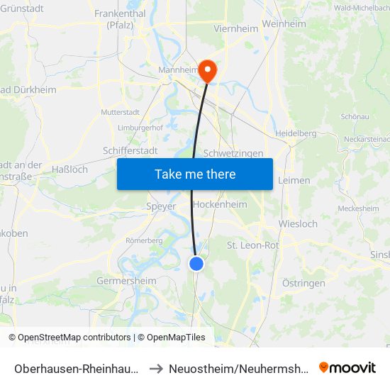 Oberhausen-Rheinhausen to Neuostheim/Neuhermsheim map