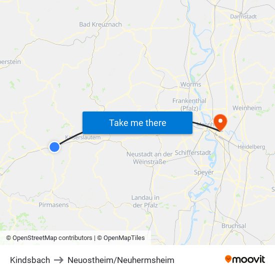 Kindsbach to Neuostheim/Neuhermsheim map
