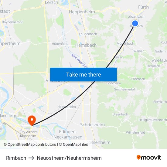 Rimbach to Neuostheim/Neuhermsheim map