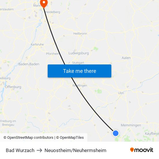 Bad Wurzach to Neuostheim/Neuhermsheim map