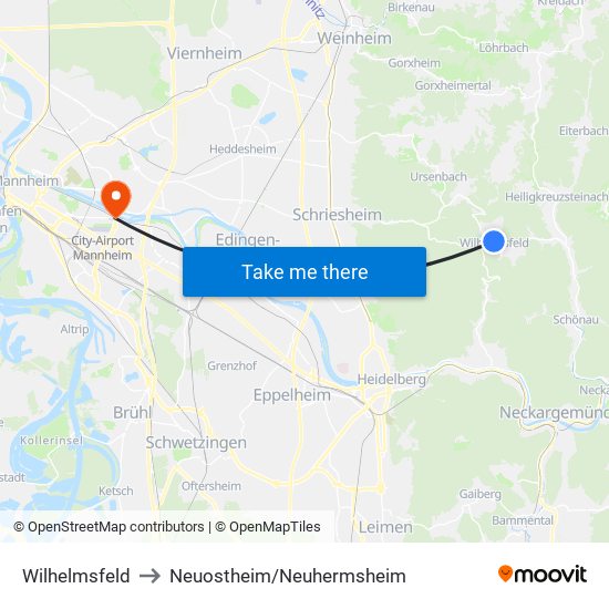 Wilhelmsfeld to Neuostheim/Neuhermsheim map